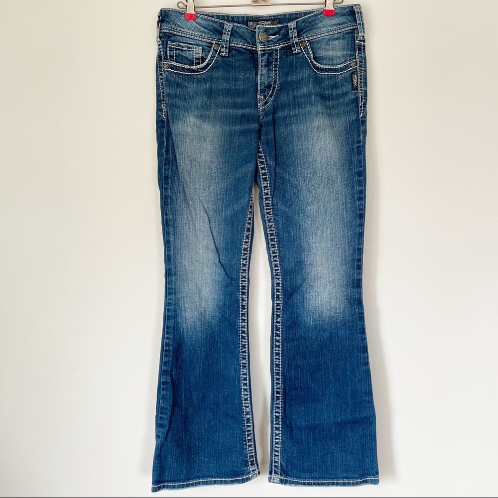 Silver Denim Jeans Embroidered Embellished White Thread Suki Bootcut Size 29x30